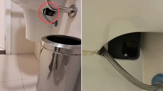 Celular foi encontrado escondido sob a pia de um banheiro feminino em Santos; câmera do aparelho estava posicionada em direção ao vaso sanitário - Imagem: Divulgação/Polícia Civil
