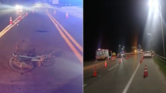 Equipes de resgate e da Polícia Militar Rodoviária atenderam a ocorrência na Rodovia Rio-Santos, em Bertioga, onde um ciclista morreu após ser atropelado no acostamento - Imagem: Reprodução/CCI Artesp