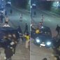 Câmeras de monitoramento registraram o momento em que um homem invade um veículo estacionado e atropela pessoas durante a fuga de uma confusão no bairro Japuí, em São Vicente. A Polícia Civil investiga as circunstâncias do caso - Imagem: Reprodução