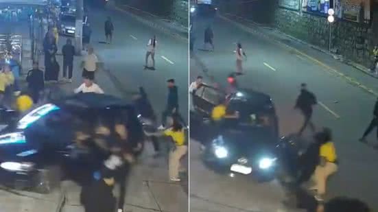Câmeras de monitoramento registraram o momento em que um homem invade um veículo estacionado e atropela pessoas durante a fuga de uma confusão no bairro Japuí, em São Vicente. A Polícia Civil investiga as circunstâncias do caso - Imagem: Reprodução