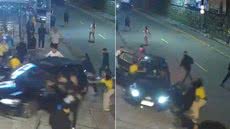 Câmeras de monitoramento registraram o momento em que um homem invade um veículo estacionado e atropela pessoas durante a fuga de uma confusão no bairro Japuí, em São Vicente. A Polícia Civil investiga as circunstâncias do caso - Imagem: Reprodução