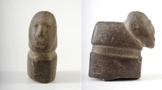 O Ídolo de Iguape, encontrado em 1906 no Vale do Ribeira, representa uma figura humana esculpida em pedra. Pesquisadores atuais apontam uma provável origem sambaquieira, mas a idade e a função do artefato ainda não foram determinadas - Imagem: Reprodução/Museu de Arqueologia e Etnologia (MAE)