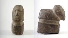 O Ídolo de Iguape, encontrado em 1906 no Vale do Ribeira, representa uma figura humana esculpida em pedra. Pesquisadores atuais apontam uma provável origem sambaquieira, mas a idade e a função do artefato ainda não foram determinadas - Imagem: Reprodução/Museu de Arqueologia e Etnologia (MAE)
