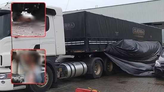 Corpo de um homem ainda não identificado foi encontrado preso à roda de um caminhão após o veículo chegar a um pátio na Rodovia Cônego Domênico Rangoni, em Cubatão. A Polícia Civil investiga as circunstâncias da morte - Imagem: João Batista Timóteo
