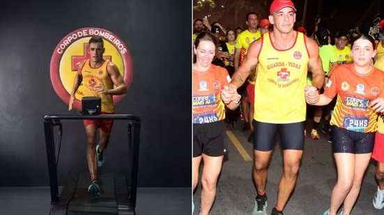 O guarda-vidas Flávio Henrique Pinto dos Santos tenta percorrer 195 quilômetros em 24 horas, em uma esteira manual, durante desafio esportivo e campanha solidária realizada em Praia Grande - Imagem: Arquivo Pessoal