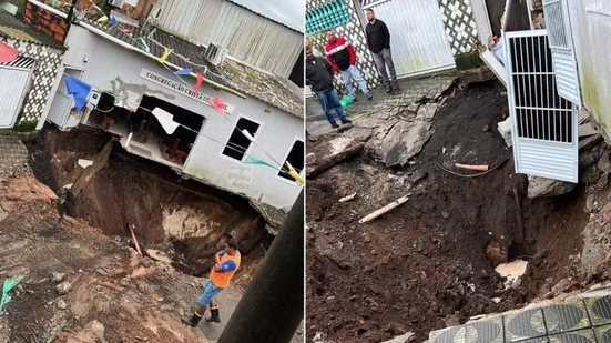 Cratera aberta após rompimento de galeria de águas pluviais interditou duas residências no bairro Samaritá, em São Vicente; equipes municipais e da Defesa Civil atuam na recuperação da área afetada - Imagem: Matheus Croce/TV Tribuna