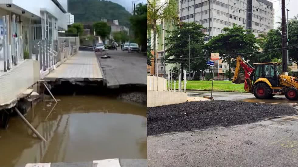 Cratera foi fechada com material sólido, mas trânsito na via permanece interditado até nova avaliação - Imagem: Divulgação/ G1/ Alexsander Ferraz/ AT