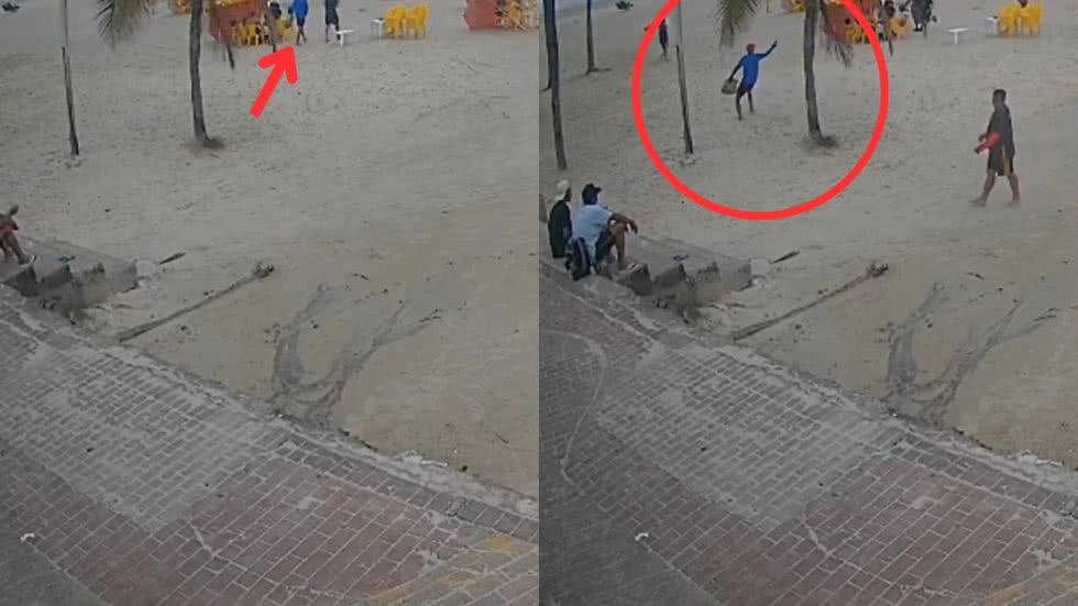 Um grupo de turistas foi assaltado e alvo de disparos na Praia da Enseada, em Guarujá, gerando pânico entre os presentes - Imagem: Reprodução