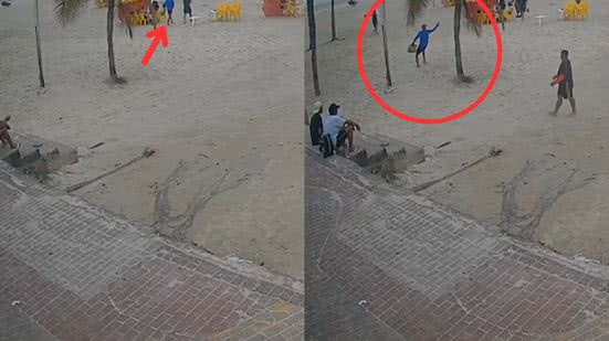 Um grupo de turistas foi assaltado e alvo de disparos na Praia da Enseada, em Guarujá, gerando pânico entre os presentes - Imagem: Reprodução