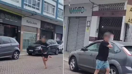Imagens registraram o momento em que a vítima corre atrás do suspeito após ter a corrente roubada no bairro Boqueirão, em Praia Grande. Guarda Municipal realizou buscas, mas ninguém foi detido - Imagem: Reprodução/Redes Sociais