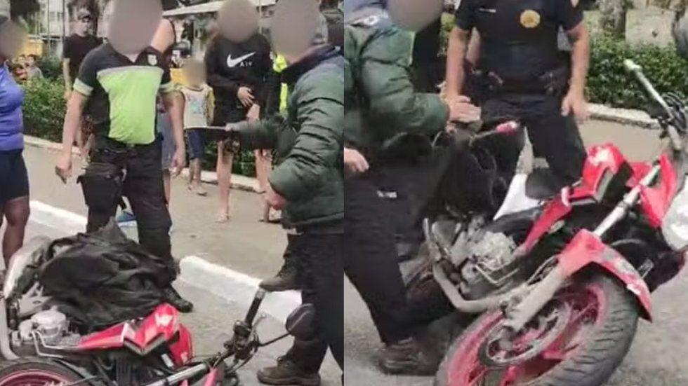 Um motociclista em São Vicente empurrou sua moto do guincho após ser abordado por agentes de trânsito, gerando polêmica nas redes sociais - Imagem: Redes Sociais