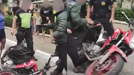 Um motociclista em São Vicente empurrou sua moto do guincho após ser abordado por agentes de trânsito, gerando polêmica nas redes sociais - Imagem: Redes Sociais