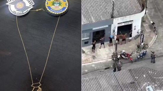 Corrente roubada foi recuperada após ação policial em Mongaguá; adolescentes foram localizados em um estabelecimento e apreendidos com apoio aéreo - Imagem: PM e Comando de Aviação/PM