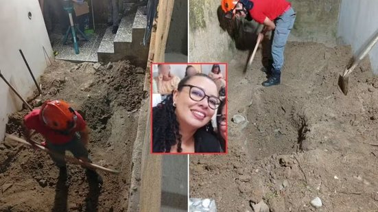 Equipes localizam corpo de professora enterrado no quintal de residência em Pariquera-Açu; marido foi preso e confessou o crime, segundo a polícia - Imagem: Polícia Civil e Reprodução