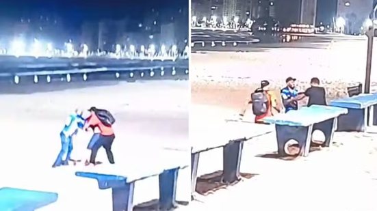 Registro mostra o momento em que turista e suspeitos entram em confronto físico durante tentativa de assalto na orla de Guarujá - Imagem: Reprodução