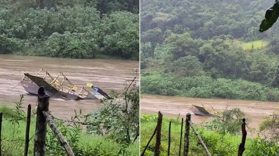 Balsa utilizada por comunidades quilombolas em Eldorado foi arrastada pela correnteza do Rio Ribeira de Iguape após fortes chuvas elevarem o nível das águas - Imagem: Redes sociais