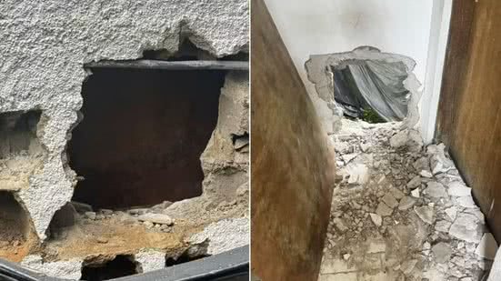 Criminosos abriram um buraco na parede de um imóvel vizinho para acessar o supermercado e furtar cerca de R$ 100 mil do cofre, em Registro (SP) - Imagem: Reprodução