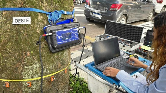 Secretaria de Meio Ambiente utiliza tomógrafo e resistógrafo para avaliar a saúde das árvores sem cortes - Foto: Divulgação/ Prefeitura de Guarujá