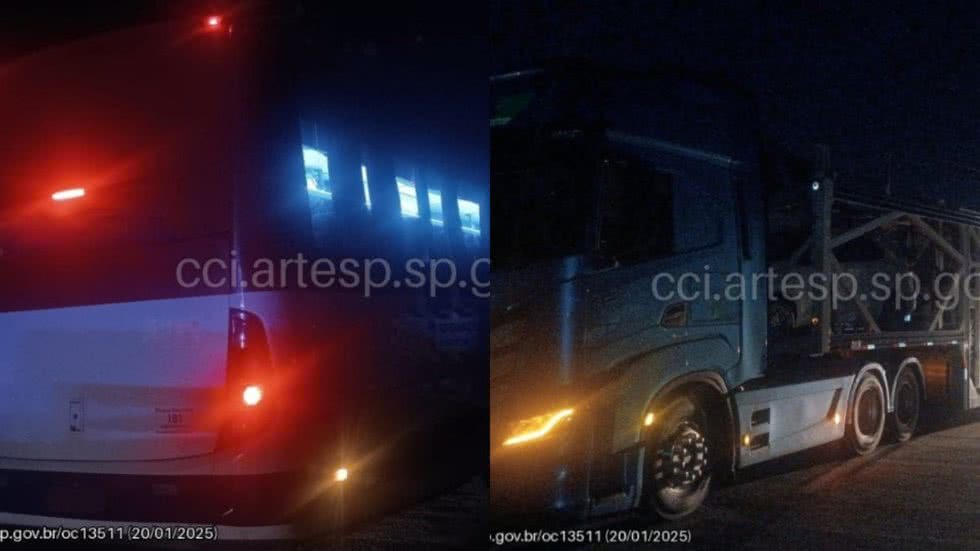 Colisão entre ônibus e carreta-cegonha - Imagem: Reprodução/ CCI/ Artesp