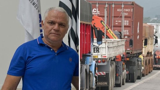 Fila de caminhões em estrada de acesso ao Porto de Santos; à esquerda, o presidente do Sindgran, José Cavalcanti, o "Salgadinho" - Imagem: Reprodução