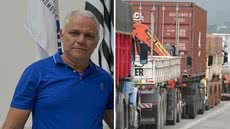 Fila de caminhões em estrada de acesso ao Porto de Santos; à esquerda, o presidente do Sindgran, José Cavalcanti, o "Salgadinho" - Imagem: Reprodução