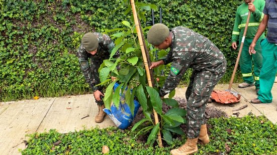 Ação do Exército Brasileiro visa reflorestamento e conscientização ambiental em Guarujá, com plantio de mudas nativas - Foto: Divulgação/ Prefeitura de Guarujá
