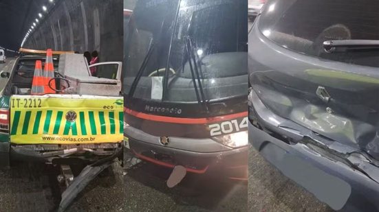 Um ônibus colidiu com um veículo de inspeção na Rodovia dos Imigrantes, mas felizmente ninguém ficou ferido no acidente - Foto: Reprodução/ CCI Artesp
