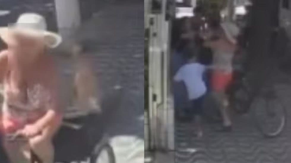 Uma mulher de 33 anos e seu filho de 8 foram agredidos por uma idosa enquanto aguardavam a van escolar em Santos - Imagem: Reprodução