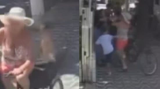 Uma mulher de 33 anos e seu filho de 8 foram agredidos por uma idosa enquanto aguardavam a van escolar em Santos - Imagem: Reprodução
