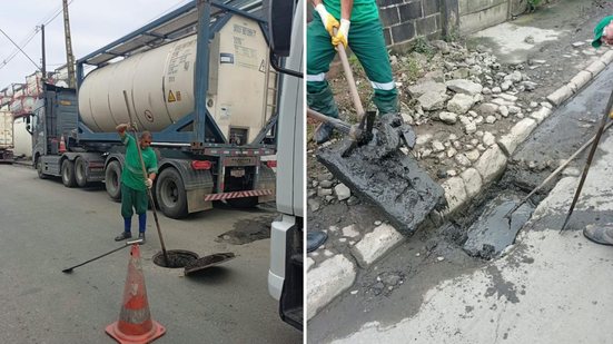A limpeza das ruas Aurélio Batista Félix e José Wenceslau Ventura foi feita no domingo para não impactar o tráfego - Foto: Divulgação/ Prefeitura de Santos