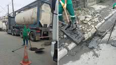 A limpeza das ruas Aurélio Batista Félix e José Wenceslau Ventura foi feita no domingo para não impactar o tráfego - Foto: Divulgação/ Prefeitura de Santos
