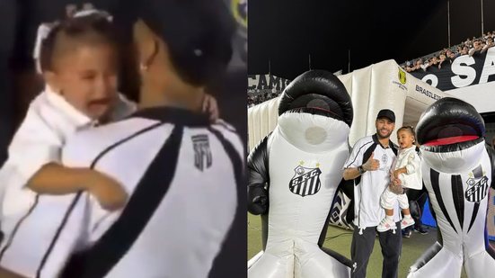 Neymar, que assistiu ao jogo com amigos e sua esposa, Bruna Biancardi, rapidamente amparou a filha após o acidente - Foto: Raul Baretta/ Santos FC