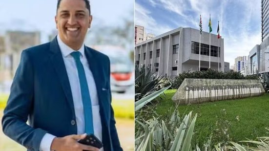 Polícia Civil cumpre mandado de busca e apreensão na Câmara Municipal de Praia Grande durante investigação envolvendo o vereador Diego Gomes Vieira. - Imagem: Reprodução e Leandro Guedes/TV Tribuna