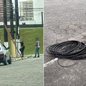Dupla foi presa após ser flagrada retirando cabos de telefonia de um poste em Praia Grande; segundo a Polícia Civil, suspeitos se passavam por técnicos para realizar os furtos. - Imagem: Reprodução / Polícia Civil de SP
