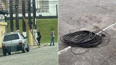 Dupla foi presa após ser flagrada retirando cabos de telefonia de um poste em Praia Grande; segundo a Polícia Civil, suspeitos se passavam por técnicos para realizar os furtos. - Imagem: Reprodução / Polícia Civil de SP