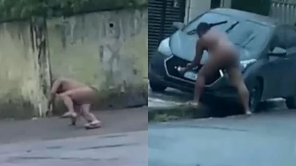 A situação ocorreu próximo a uma escola, onde o homem tentava arrancar a placa de um carro estacionado, causando alvoroço - Imagem: Reprodução/ Redes Sociais