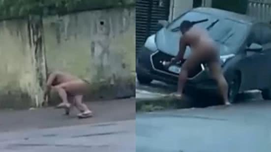 A situação ocorreu próximo a uma escola, onde o homem tentava arrancar a placa de um carro estacionado, causando alvoroço - Imagem: Reprodução/ Redes Sociais