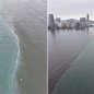Imagem registrada por drone mostra o contraste entre as águas do estuário e do mar aberto na orla de Santos, fenômeno natural explicado pela diferença de densidade, salinidade e matéria orgânica - Imagem: Imagens cedidas por @aquituvedecima