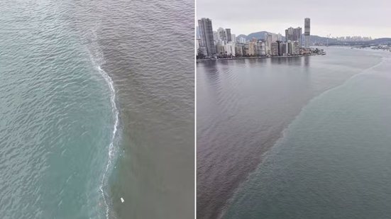 Imagem registrada por drone mostra o contraste entre as águas do estuário e do mar aberto na orla de Santos, fenômeno natural explicado pela diferença de densidade, salinidade e matéria orgânica - Imagem: Imagens cedidas por @aquituvedecima