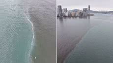 Imagem registrada por drone mostra o contraste entre as águas do estuário e do mar aberto na orla de Santos, fenômeno natural explicado pela diferença de densidade, salinidade e matéria orgânica - Imagem: Imagens cedidas por @aquituvedecima