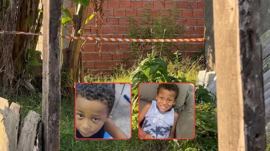 Terreno no bairro Vila Sônia, em Praia Grande, onde as crianças foram encontradas; em destaque, imagens das vítimas - Imagem: Leandro Guedes/TV Tribuna e Reprodução/Redes sociais