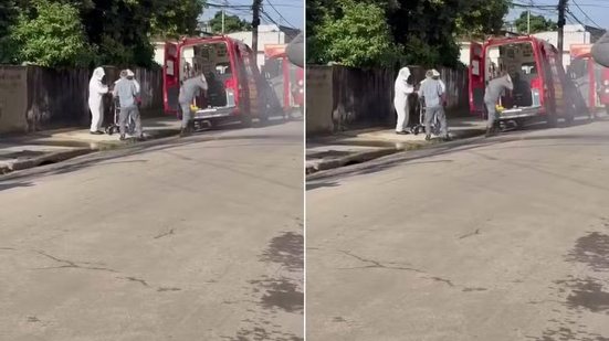 Bombeiros socorreram homem inconsciente após ataque de um enxame de abelhas durante limpeza de terreno no Guarujá. - Imagem: Reprodução