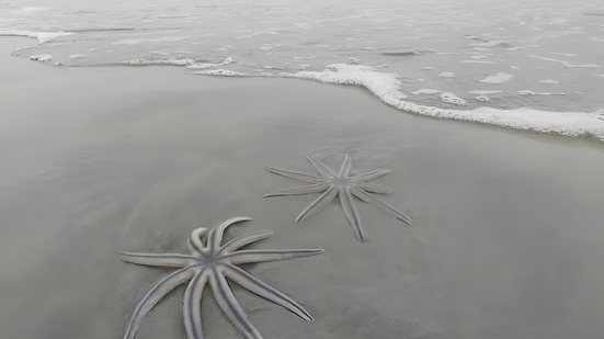 Estrela-do-mar de nove braços chama atenção de banhistas em praias do litoral paulista. - Imagem: Arquivo Pessoal / Cláudia Cristina Rodrigues