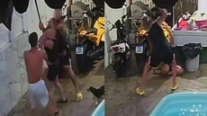 Câmeras de segurança registraram o momento em que homem agride esposa e enteado com facão dentro de residência em Mongaguá, no litoral de SP - Imagem: Reprodução