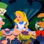 Alice é surpreendida com uma festa sem motivo: o famoso chá do desaniversário, criação dos estúdios Disney inspirada no espírito nonsense de Lewis Carroll. - Imagem: Divulgação