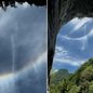 Queda d'água registrada na entrada da Caverna Casa de Pedra, em Iporanga, cria a impressão de surgir do céu durante a ocorrência de um halo solar - Imagem: Giba Morais
