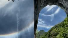Queda d'água registrada na entrada da Caverna Casa de Pedra, em Iporanga, cria a impressão de surgir do céu durante a ocorrência de um halo solar - Imagem: Giba Morais