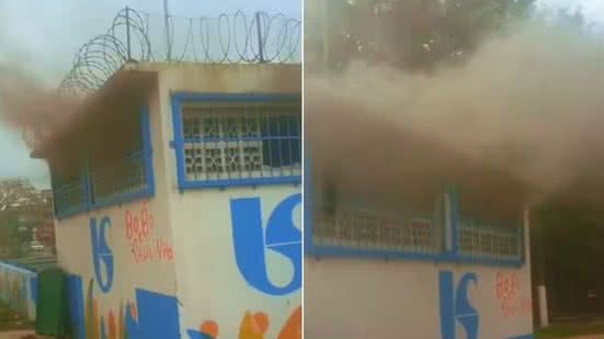Fumaça foi registrada na casa de bombas após um curto-circuito atingir o quadro de energia de uma estação da Sabesp, em Guarujá, neste domingo (9). Não houve feridos nem impacto no abastecimento de água - Imagem: Reprodução/Redes Sociais