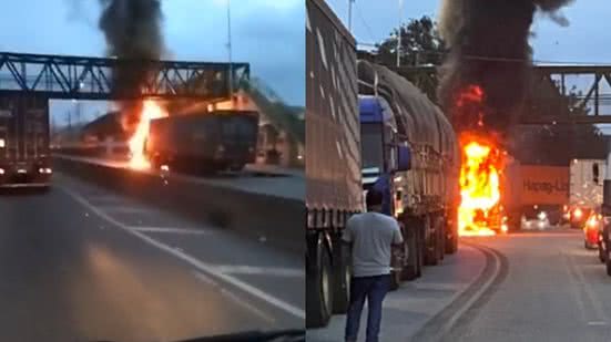 Um incêndio devastador em uma carreta de algodão na Rodovia Anchieta exigiu uma resposta rápida do Corpo de Bombeiros e equipes de emergência - Imagem: Reprodução