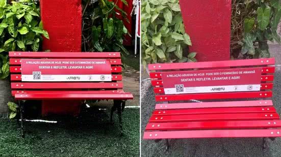 Banco Vermelho instalado na quadra da escola de samba Unidos da Zona Noroeste, em Santos (SP), no domingo (12), como parte de uma ação de conscientização sobre a violência contra a mulher - Imagem: Carlhos Abelha/TV Tribuna e Arquivo pessoal